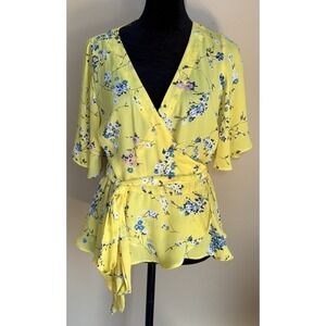 Loft Wrap Blouse Womens Petite Size S Yellow Floral Flutter Sleeve Boho Romantic